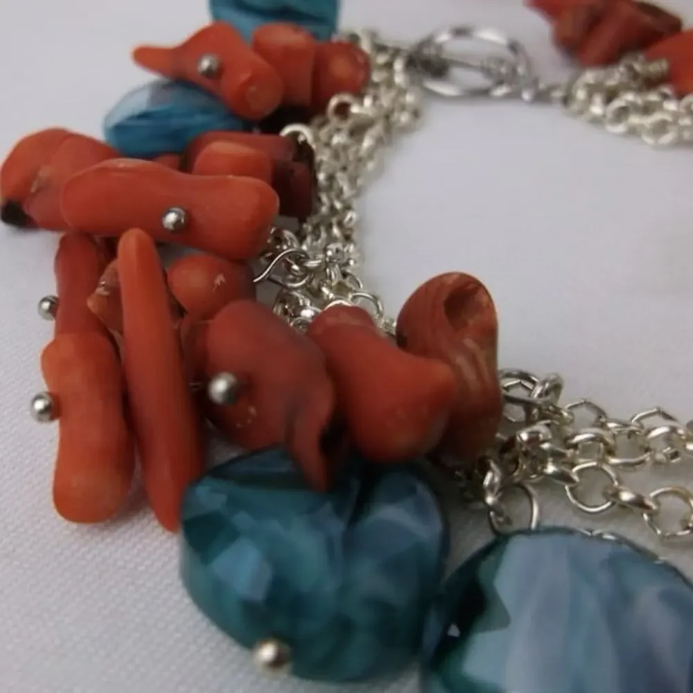 Red Coral Artisan Glass Bracelet Silver Tone Dangle‎ Triple Strand 8.25”